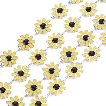 304 Stainless Steel Sunflower Link Chains, with Enamel, Real 18K Gold Plated, Soldered, Yellow, 13x10x1mm, about 3.28 Feet(1m)/Strand