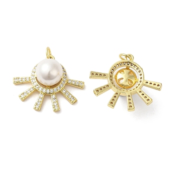 Rack Plating Brass Micro Pave Cubic Zirconia Pendants, with Plastic Imitation Pearls, Long-Lasting Plated, Lead Free & Cadmium Free, Sun, Real 18K Gold Plated, 21.5x25.5x11mm, Hole: 3.5mm