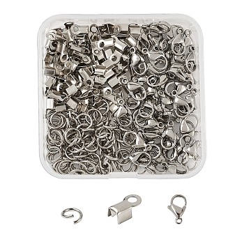 304 Stainless Steel Jewelry Findings Sets, with Fold Over Crimp Cord Ends, Lobster Claw Clasps and Jump Rings, Stainless Steel Color, 64x63x20mm, 250pcs/box