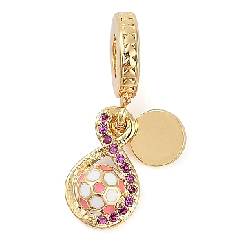 Rack Plating Brass Micro Pave Cubic Zirconia European Dangle Charms, Enamel Football Large Hole Pendants, Real 18K Gold Plated, Long-Lasting Plated, Cadmium Free & Lead Free, Pink, 23mm, Hole: 4.5mm