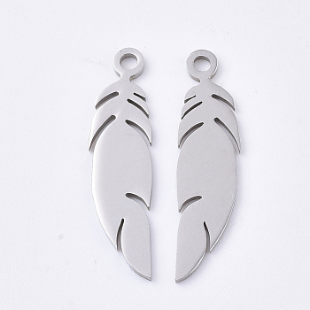 201 Stainless Steel Pendants, Feather, Stainless Steel Color, 25x6x1mm, Hole: 1.6mm