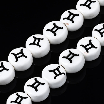 Handmade Porcelain Ceramic Beads Strands, Printed, Flat Round with Constellation, Gemini, 10~11x5mm, Hole: 2mm, about 30pcs/strand, 11.81 inches(30cm)