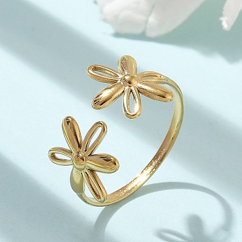 Ion Plating(IP) 304 Stainless Steel Open Cuff Ring for Women, Flower, Real 18K Gold Plated, 11.5mm, Inner Diameter: 18mm