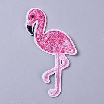 Computerized Embroidery Cloth Iron on/Sew on Patches, Costume Accessories, Appliques, Flamingo Shape, Hot Pink, 101x60x1.5mm