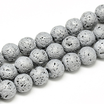 Electroplate Natural Lava Rock Beads Strands, Matte Style, Round, Platinum Plated, 10~11mm, Hole: 1mm, about 38pcs/strand, 15.3 inch