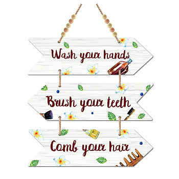 Wood Hanging Sings, Home Decorations, with 1M Jute Ropes and 10Pcs Wood Beads, Arrow with Word Wash your hands Brush your teeth Comb your hair, White, Sign: 300x8.5x5mm, 3pcs/set