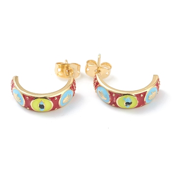 Semicircular Brass Enamel Half Hoop Earrings, with Ear Nuts, Eye, Colorful, Golden, 19x5mm, Pin: 0.7mm