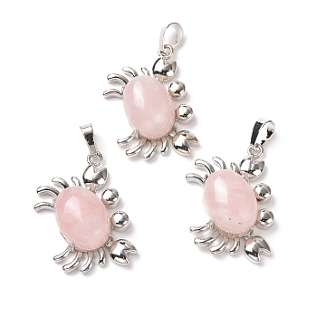 Natural Rose Quartz Pendants, with Platinum Plated Brass Findings, Cadmium Free & Lead Free, Crab, 33x22x8.5mm, Hole: 8x5mm