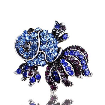 Alloy Rhinestone Brooches, Goldfish Brooches for Women, Sapphire, 33x28mm