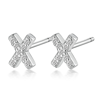 Rhodium Plated 925 Sterling Silver Initial Letter Stud Earrings, with Cubic Zirconia, Platinum, Letter X, 5x5mm