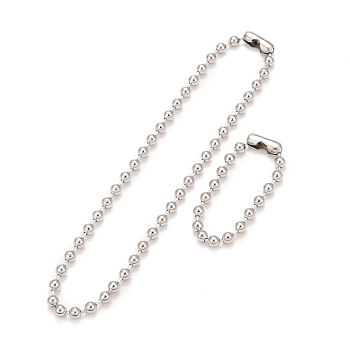 304 Stainless Steel Ball Chain Necklace & Bracelet Set, Jewelry Set with Ball Chain Connecter Clasp for Women, Stainless Steel Color, 8-7/8 inch(22.4~57cm), Beads: 8mm