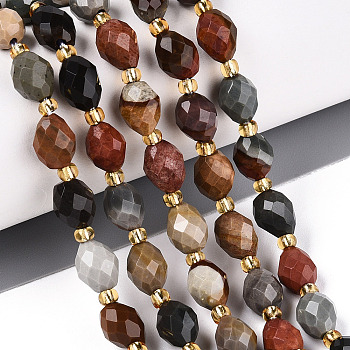 Natural Picture Jasper Beads Strands, Faceted, Oval, with Seed Beads, 8~9x6~8mm, Hole: 1~1.2mm, about 36~38pcs/strand, 14.96~15.35 inch(38~39cm)