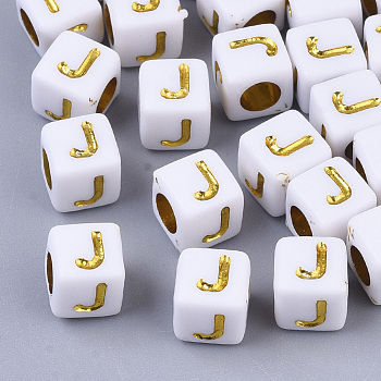 Plating Acrylic Beads, Horizontal Hole, Golden Metal Enlaced, Alphabet Style, Cube, Letter.J, 5.5~6x5.5~6x5.5~6mm, Hole: 3.5mm, about 3000pcs/500g