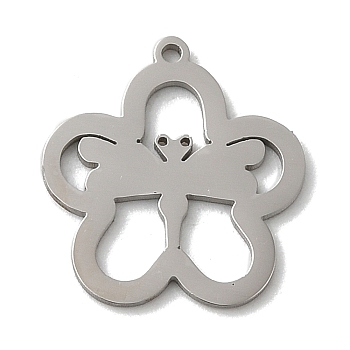 201 Stainless Steel Pendants, Laser Cut, Stainless Steel Color, Flower Charm, Dragonfly, 15x14x1mm, Hole: 0.8mm