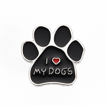 Alloy Enamel Brooches, Enamel Pins, with Brass Butterfly Clutches, Dog Paw Prints with Word I Love My Dogs, Cadmium Free & Nickel Free & Lead Free, Platinum, Black, 1x1 inch(24.5x25mm), Pin: 1mm