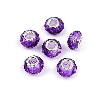 Baking Paint Transparent Glass European Beads, Large Hole Beads, with Brass Cores, Faceted, Rondelle, Dark Violet, 13.5~14x9~9.5mm, Hole: 5mm