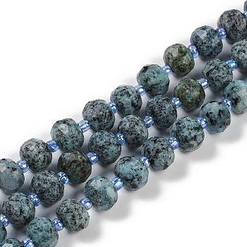 Natural Sesame Jasper Dyed Beads Strands, Faceted, Rondelle, with Seed Beads, Light Blue, 7.5~8x6.5mm, Hole: 1.4mm, about 45~46pcs/strand, 15.75''(40cm)