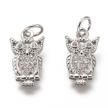 Brass Micro Pave Clear Cubic Zirconia Charms, Long-Lasting Plated, with Jump Ring, Owl Shape, Platinum, 14.5x8x2.5mm, Jump Ring: 5x1mm, 3mm Inner Diameter
