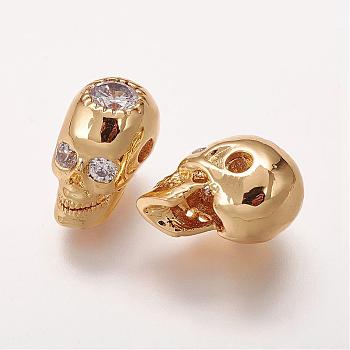Brass Micro Pave Cubic Zirconia Beads, Skull, Golden, 14x8x9.5mm, Hole: 2mm