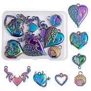14Pcs 7 Style 304 Stainless Steel Pendant, Heart & Octagon with Heart, Rainbow Color, 14~28x12.5~30x1.5~3mm, Hole: 1.4~2mm, 2pcs/style(STAS-SZ0002-75MC)