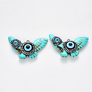 Synthetic Turquoise Pendants, with Polymer Clay Rhinestones, Evil Eye Resin and Iron Loop, Dyed, Butterfly, Gunmetal, Turquoise, PP12(1.8~1.9mm), 29~32x49x11.5mm, Hole: 2mm(X-TURQ-N213-01)