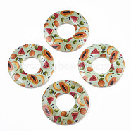 Fruit Seris Printed Wood Pendants, Donut with Papaya Pattern, Pale Turquoise, 45x5mm, Hole: 1.6mm(X-WOOD-S045-105E)