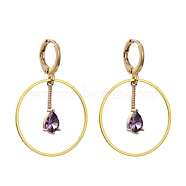 Brass Huggie Hoop Earring, with Transparent Glass Pendants, Teardrop, Golden, Violet, 37mm, Pin: 0.8mm(EJEW-JE04262-02)