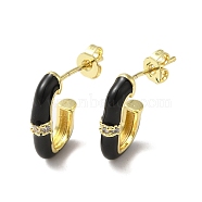 Real 18K Gold Plated Brass Oval Stud Earrings, Half Hoop Earrings with Enamel and Cubic Zirconia, Black, 17x3.5mm(EJEW-L268-020G-01)