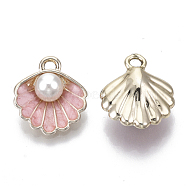 Alloy Pendants, with ABS Plastic Imitation Pearl & Enamel, Shell with Pearl, Light Gold, Pink, 16x15x7mm, Hole: 1.5mm(ENAM-S119-034C-LG)