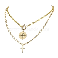 Iron Cable Chain & Paperclip Chain Double Layer Necklaces, Flat Round & Cross Brass & 304 Stainless Steel Pendant Necklaces for Women, Golden, 16.85 inch(42.8cm)(NJEW-JN04961)