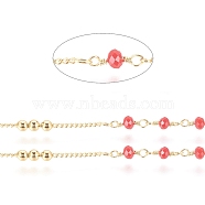 3.28 Feet Brass Handmade Beaded Chain, Curb Chains, with Faceted Glass Bead, Long-Lasting Plated, Unwelded, Real 18K Gold Plated, Red, 10x3mm, 45x2.8mm(X-CHC-G011-10G-01)