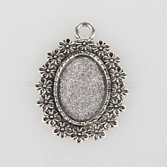 Tibetan Style Alloy Pendant Cabochon Settings, Cadmium Free & Lead Free, Oval with Flowers, Antique Silver, Tray: 13x18mm, 33x25x2mm, Hole: 3mm(X-TIBEP-N003-29AS)