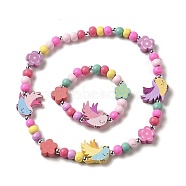 Maple Wood & Acrylic Jewelry Set, Beaded Necklace & Stretch Bracelet for Kids, Bird, Bracelet: Inner Diameter: 1-5/8 inch(4cm), Necklace: 15-5/8 inch(39.6cm)(SJEW-C003-02J)