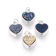 Druzy Resin Pendants, with Brass Finding, Heart, Platinum, Mixed Color, 14x12x4~6mm, Hole: 3mm(KK-J273-EP)