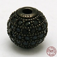Round 925 Sterling Silver Beads, with Micro Pave Cubic Zirconia, Gunmetal, 6mm, Hole: 1mm(STER-O021-01B-6mm)