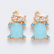 Brass Cubic Zirconia & Glass Charms, Nickel Free, Tortoise, Real 18K Gold Plated, Light Cyan, 14.5x9x4mm, Hole: 1mm(KK-T049-058G-02-NF)