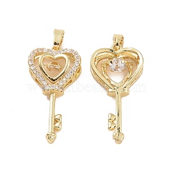 Brass Micro Pave Clear Cubic Zirconia Pendants, Heart Key Charm, Real 18K Gold Plated, 25.5x13x5.5mm, Hole: 4x2.5mm(KK-E068-VC284)