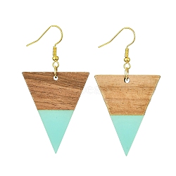 Resin & Walnut Wood Triangle Dangle Earrings, Golden Iron Long Drop Earrings, Medium Turquoise, 57x30.5mm(EJEW-JE05505-03)
