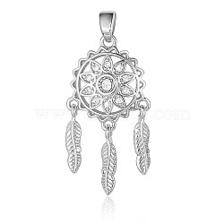 Brass Micro Pave Cubic Zirconia Pendants, Woven Net/Web with Feather Charms, Platinum, 26x14x2.4mm(ZIRC-OY001-50P)