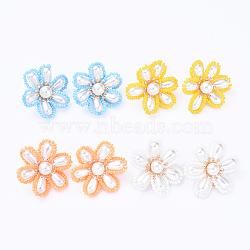 Brass Clip-on Earring, with ABS Plastic Imitation Pearl Cabochons, Flower, Mixed Color, 34x19mm(EJEW-JE04139)