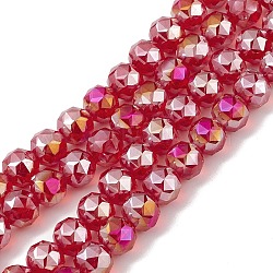 Transparent Electroplate Glass Beads Strands, Faceted, Round, AB Color Plated, Red, 9~10x9~9.5mm, Hole: 1.4mm, about 54~60pcs/strand, 18.90~21.65 inch(48~55cm)(EGLA-F154-AB06)