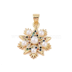 Brass Micro Pave Colorful Cubic Zirconia Pendants, with ABS Plastic Beads, Real 18K Gold Plated, Flower, 22x18.5x5.5mm, Hole: 4x3.5mm(KK-E111-34A-G)