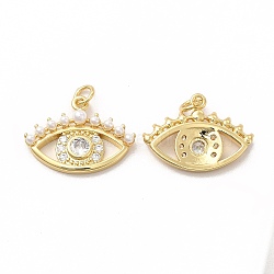 Rack Plating Brass Cubic Zirconia Pendants, with Plastic Imitation Pearl & Jump Ring, Cadmium Free & Lead Free, Real 18K Gold Plated, Long-Lasting Plated, Eye Charm, Clear, 16.5x22x3mm, Hole: 3mm(KK-G456-10G)