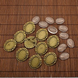 25x18mm Transparent Glass Cabochons and Vintage Alloy Brooch Cabochon Bezel Settings, with Iron Pin Back Bar Findings, Nickel Free, Antique Bronze, 34x30.5mm, Tray: 25x18mm, Hole: 3mm(DIY-X0187-AB-NF)