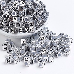 Antique Silver Plated Large Hole Acrylic European Beads, Horizontal Hole, Cube with Random Letters, 6x6x6mm, Hole: 4mm, about 295pcs/50g(X-PACR-Q099-01)