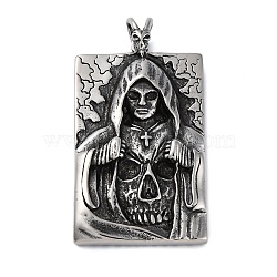 304 Stainless Steel Big Pendants, Rectangle with Death & Cross Charm, Antique Silver, 62x32.5x8mm, Hole: 7.5x5mm(STAS-Q332-01AS-01)