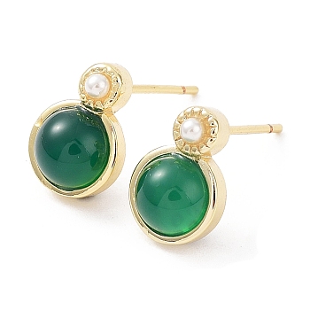 Natural Green Onyx Agate Half Round Dangle Stud Earrings, Rack Plating Brass Earrings with Acrylic Pearl Beaded, Cadmium Free & Lead Free, Real 18K Gold Plated, 11x8mm