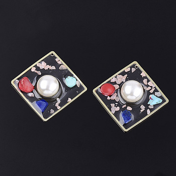 Epoxy Resin Pendants, with Natural & Synthetic Gemstone Chip, Brass Findings and ABS Plastic Imitation Pearl, Rhombus, Golden, Pink, 41x41x9mm, Hole: 1.2mm
