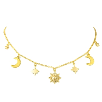 Moon & Star & Sun Brass Pendant Necklaces, 304 Stainless Steel Cable Chain Necklaces, Golden, 15.94 inch(40.5cm)