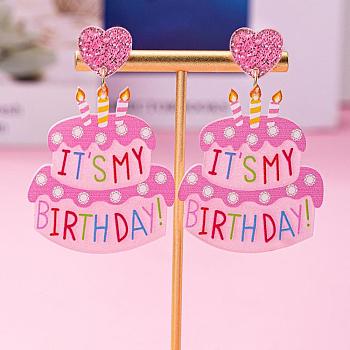 Birthday Cake Acrylic Dangle Stud Earrings, Heart, 65x40mm